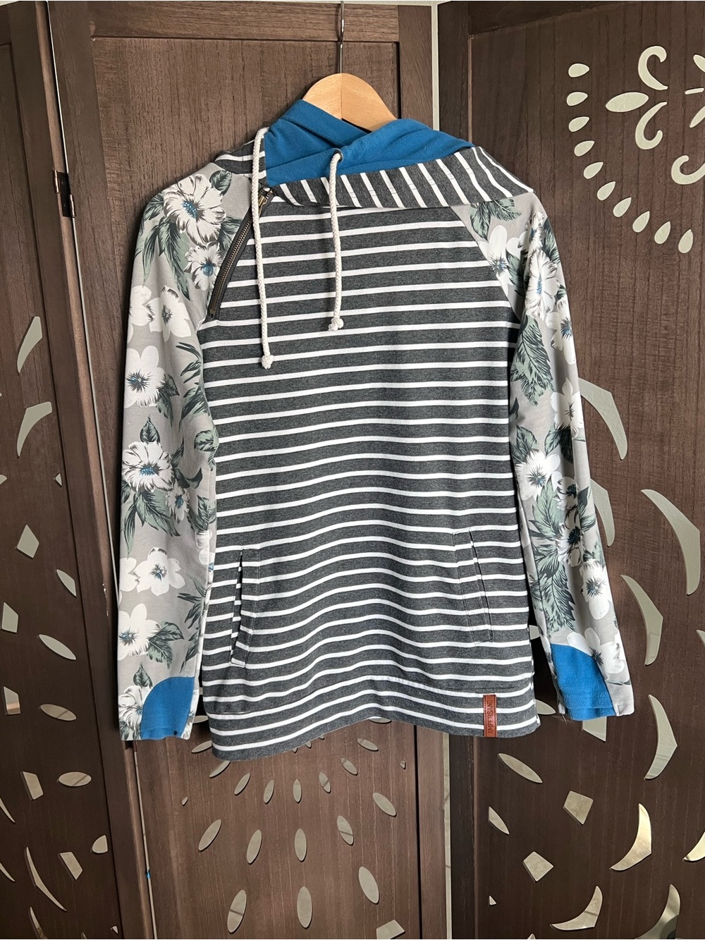 AMPERSAND AVE Striped Hoodie with Floral Sleeves - Blue & Gray